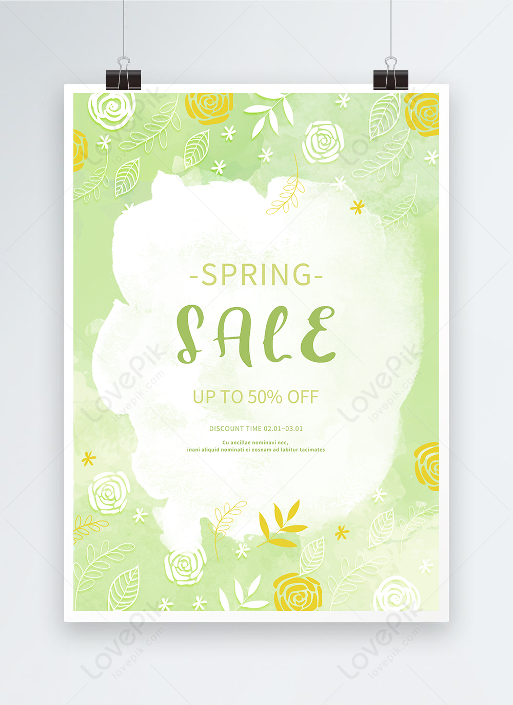 Green watercolor background spring flower line event poster template ...