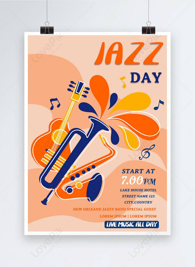 Afiche antiguo del día internacional del jazz. dibujo de saxofón y discos  de vinilo. cartel retro, pancarta
