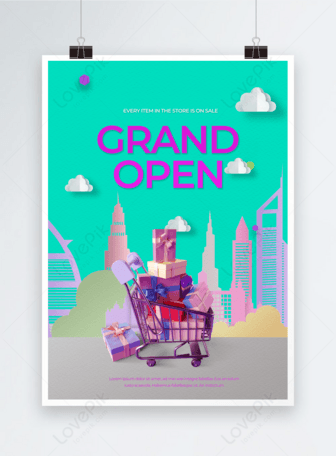 Blue paper cut city shopping mall opening promotion gift box shopping cart poster, House,  celebration,  shopping cart template