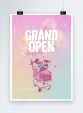 Gradient paper-cut city shopping mall opening promotion gift box shopping cart poster, Balloons,  shopping cart,  brand template
