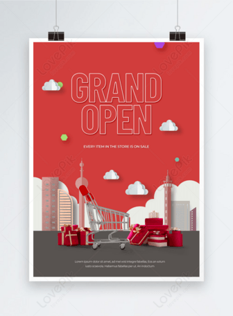 Red paper-cut city shopping mall opening promotion gift box shopping cart poster, Celebration,  shopping cart,  brand template
