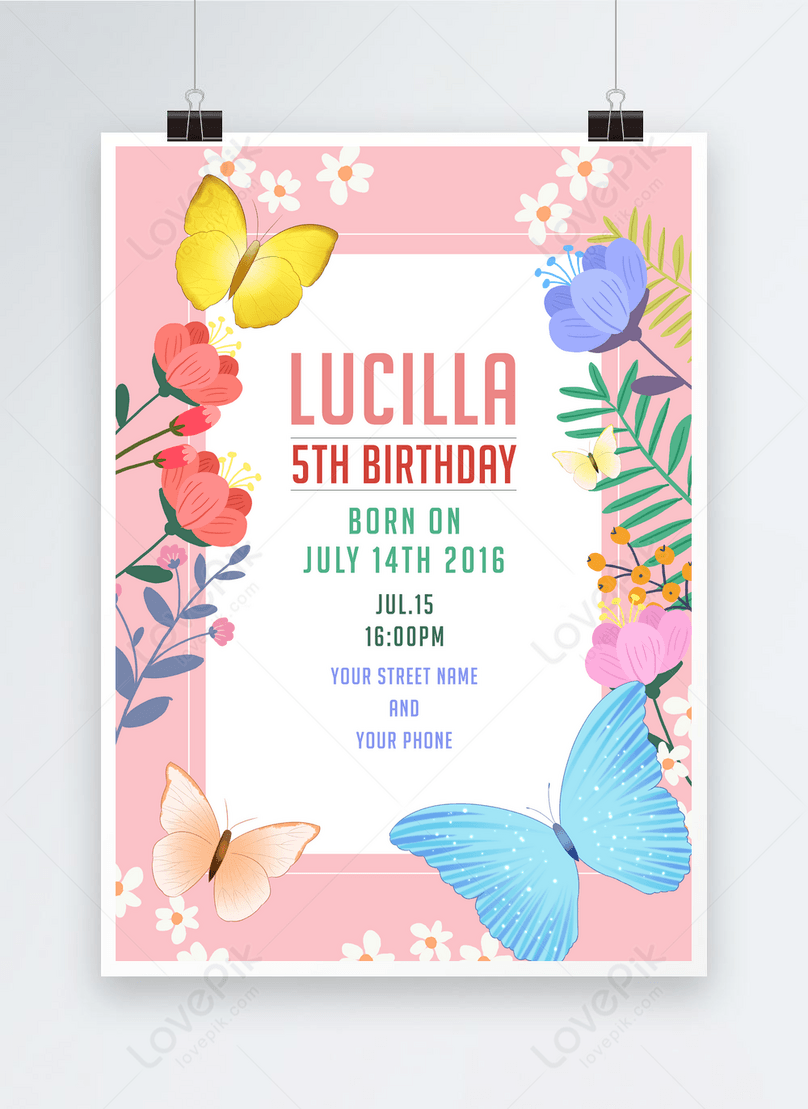 Invitación A La Fiesta De Cumpleaños De Mariposas Y Flores | Descarga  Plantilla de diseño PSD Gratuita - Lovepik