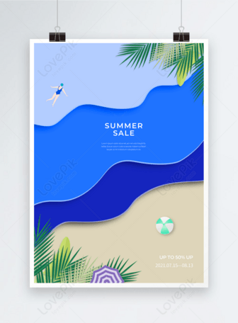 Летний Пляж Плавание Отдых Отдых Завод Листья Бумага Вырезать ПлакатШаблоны