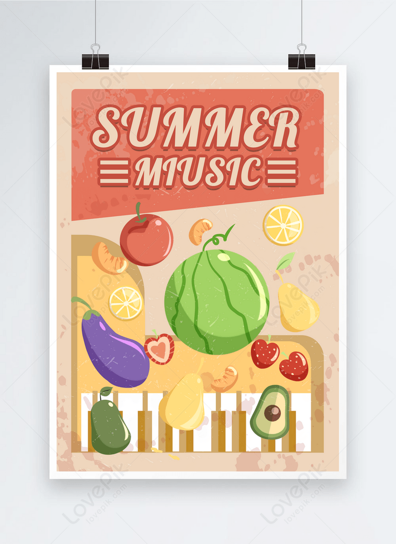 Summer music party vintage fruit and vegetable creative poster template ...