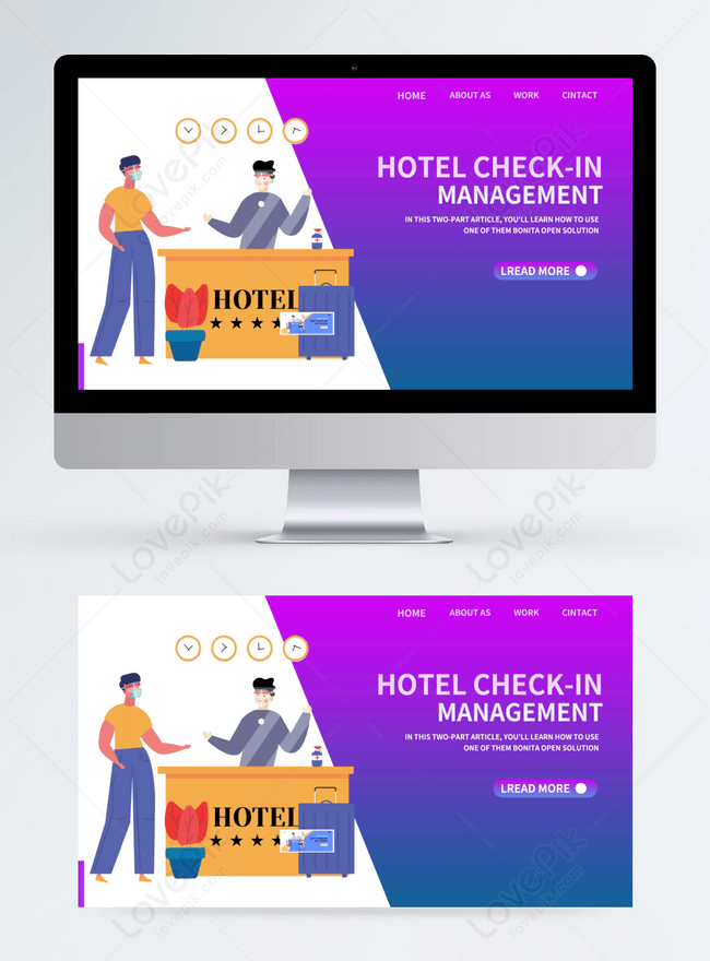 Hotel check-in marketing service cartoon purple gradient banner template  image_picture free download 