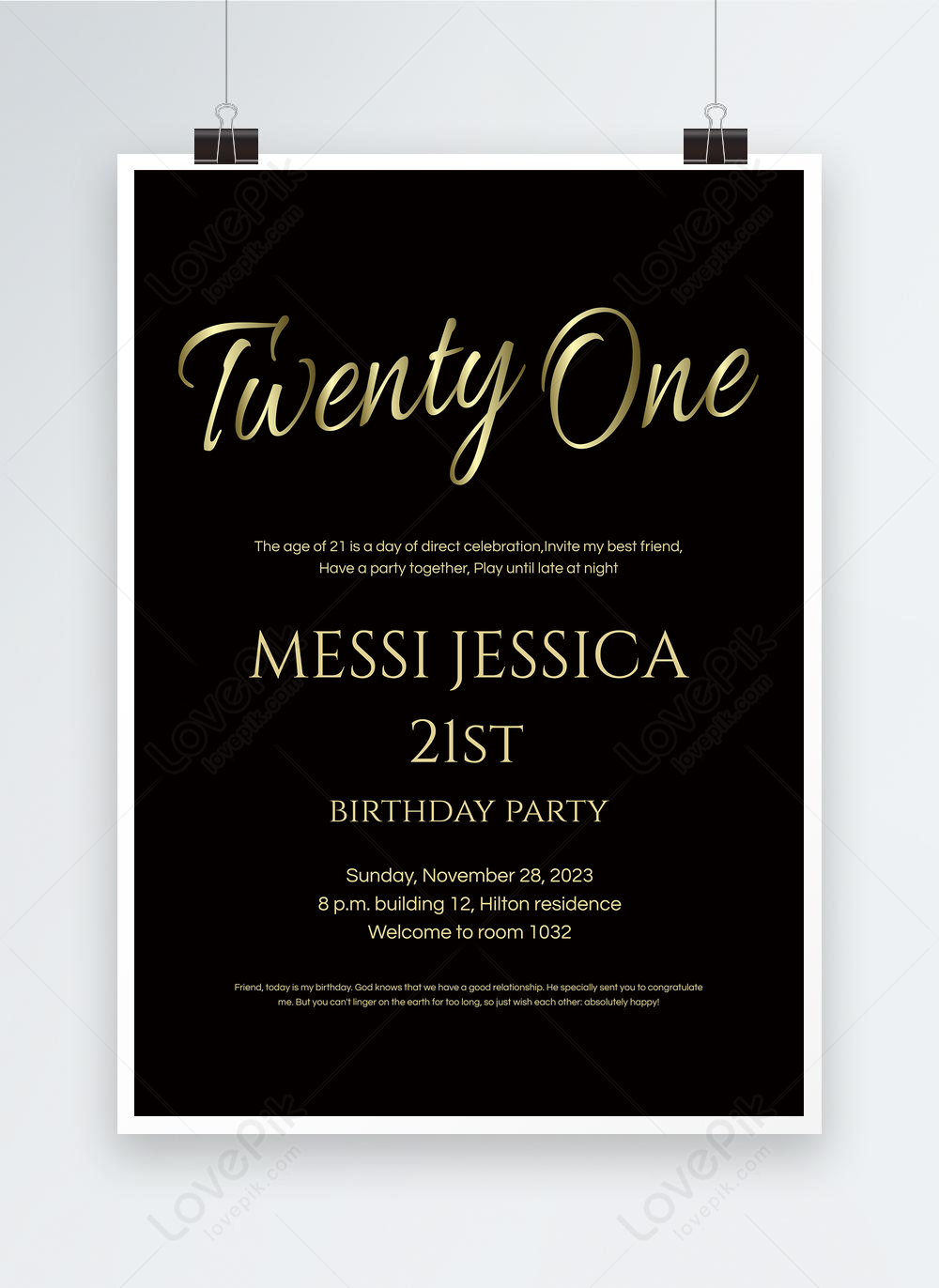 Black and gold invitation for 21st birthday template image_picture free