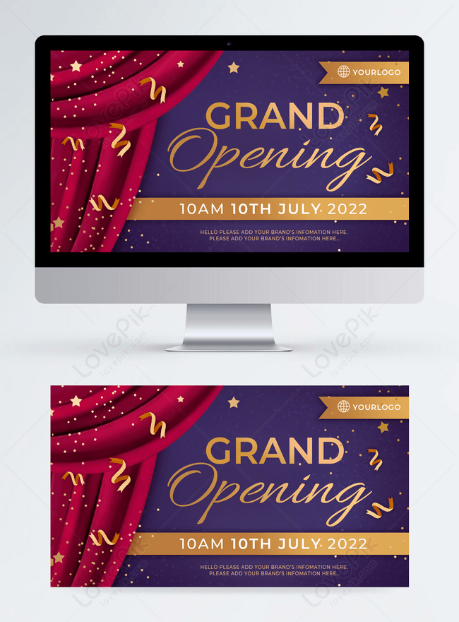 Purple Golden Stage Curtain Gorgeous Opening Celebration Banner Template, activity banner design, grace banner design, stage banner design
