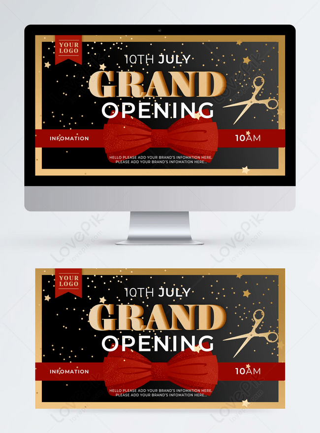 Red Silk Bow Gorgeous Opening Ribbon Cutting Activity Banner Template, grand opening ribbon cutting banner design, red banner design, silk banner design