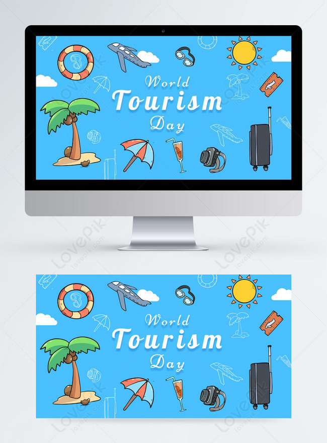 World Tourism Day Simple Cartoon Banner Template, aircraft banner design, blue banner design, camera banner design