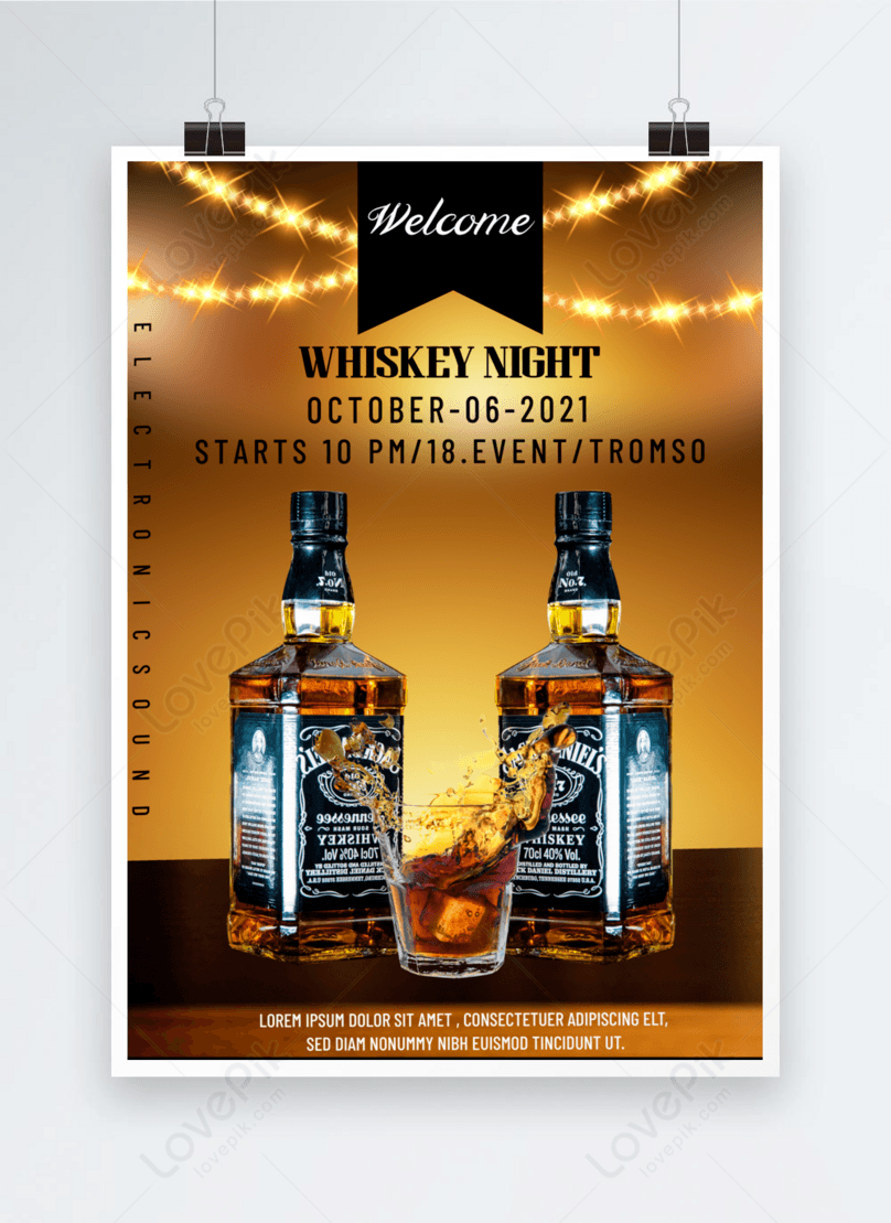 Whiskey bottle and glass promo ad banner poster Vector Image