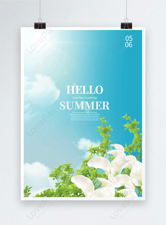 hello summer blue sky white clouds white flowers publicity template sky blue vertical poster, the flowers, summer template