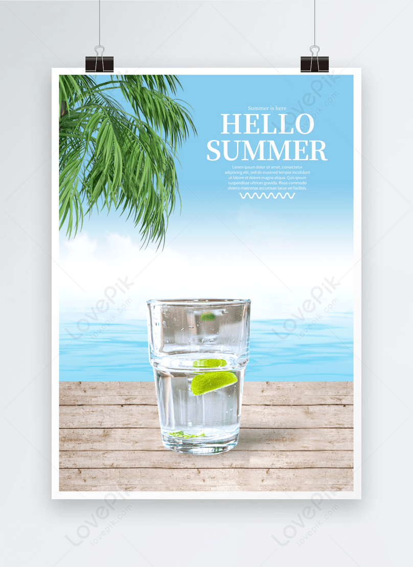 Hello summer seaside glass green plant promotion template sky blue vertical  poster template image_picture free download 467580295_