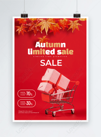 Shopping cart gifts fallen leaves fanzhong autumn limited promotion poster creative red vertical version, autumn promotion, shopping cart template