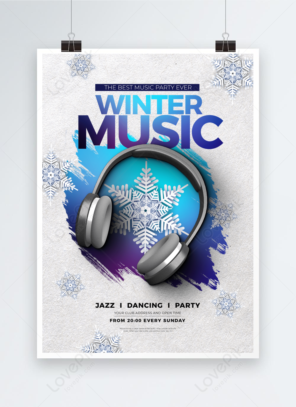 Snowflake Headphones Ink Smudged Smudge Winter Music Party Poster