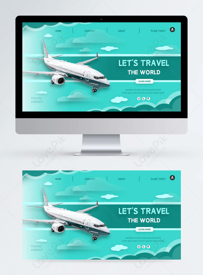 Airplane green clouds world travel airplane template banner template