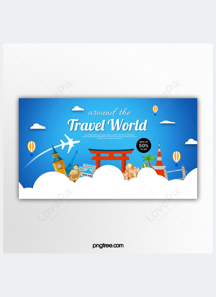 Blue flat style travel theme promotion banner, travel, Attractions, architecture template