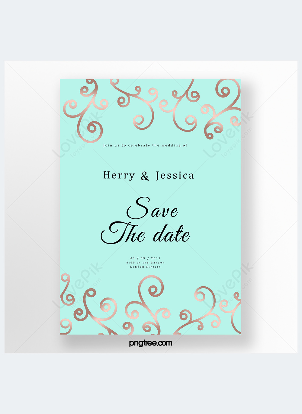 Mint blue simple rose gold wedding invitation lettering wedding menu ...