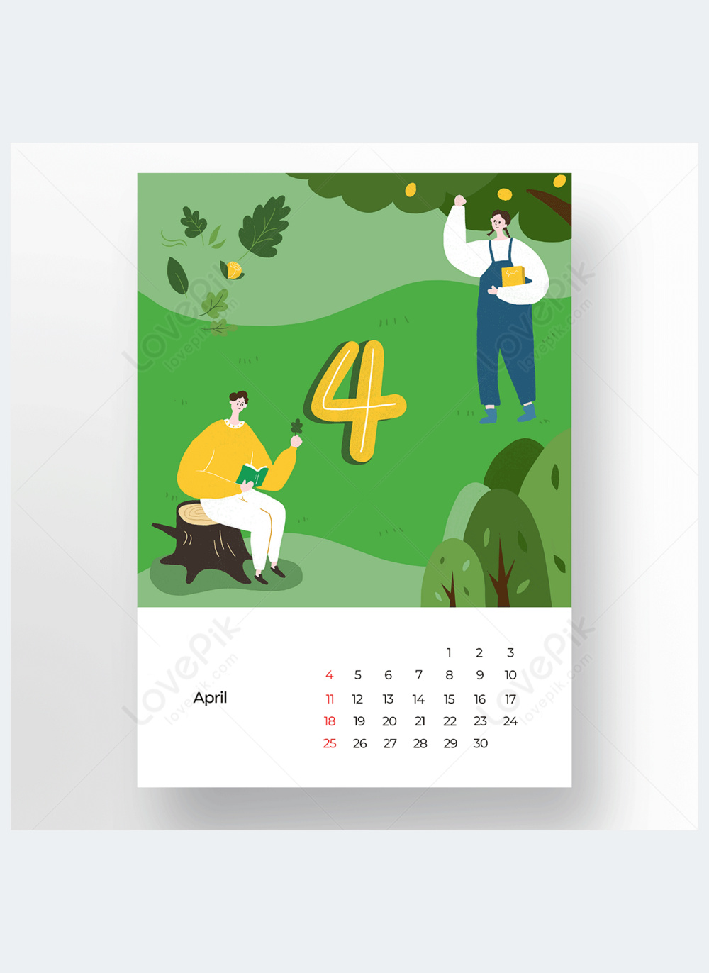 Spring Green Trees Couple Outing April Calendar Template Template Image 