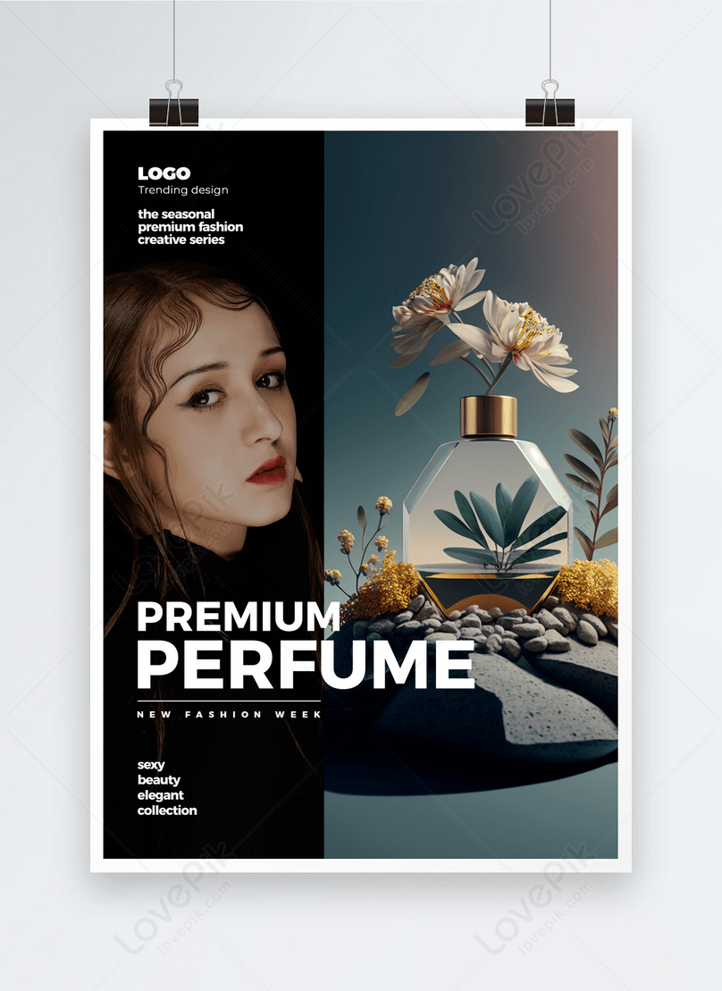 Feminine products floral plant perfume fragrance promotional poster ...