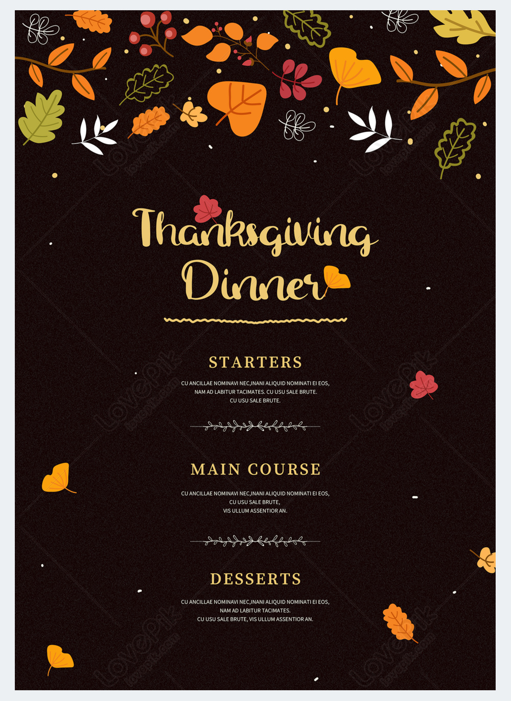 Autumn leaves thanksgiving black menu template image_picture free ...