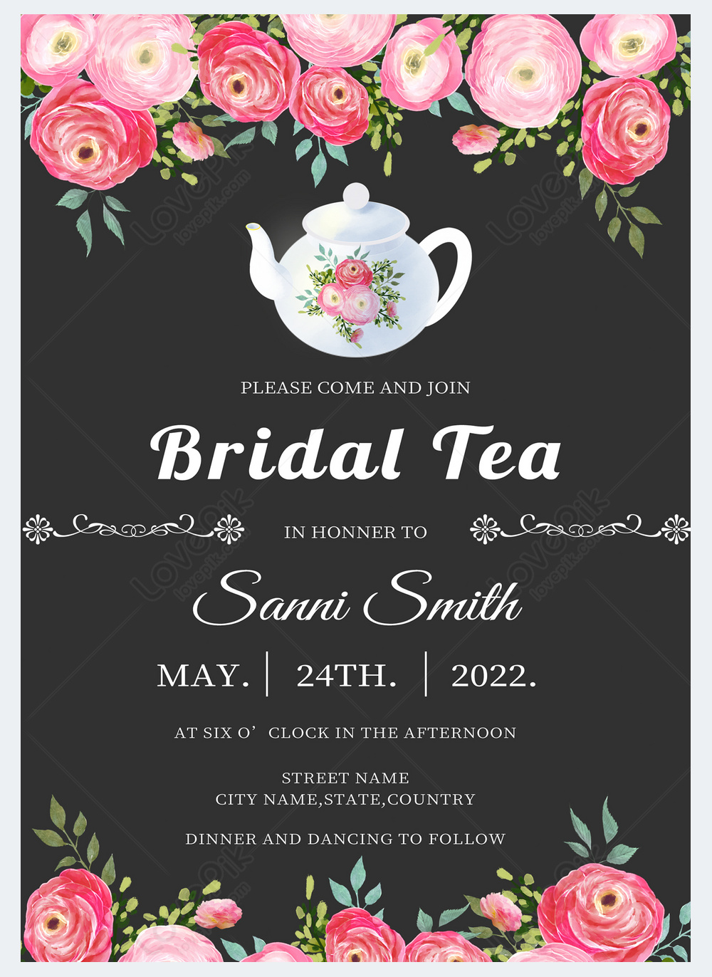 Bridal tea party watercolor black invitation template image_picture ...