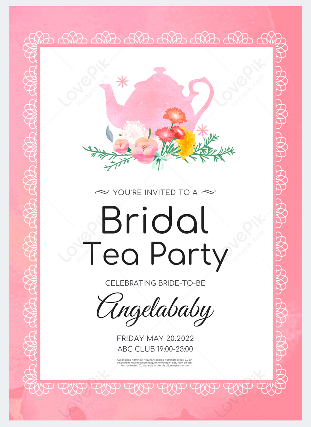 Flower border bridal tea party pink invitation template image_picture ...