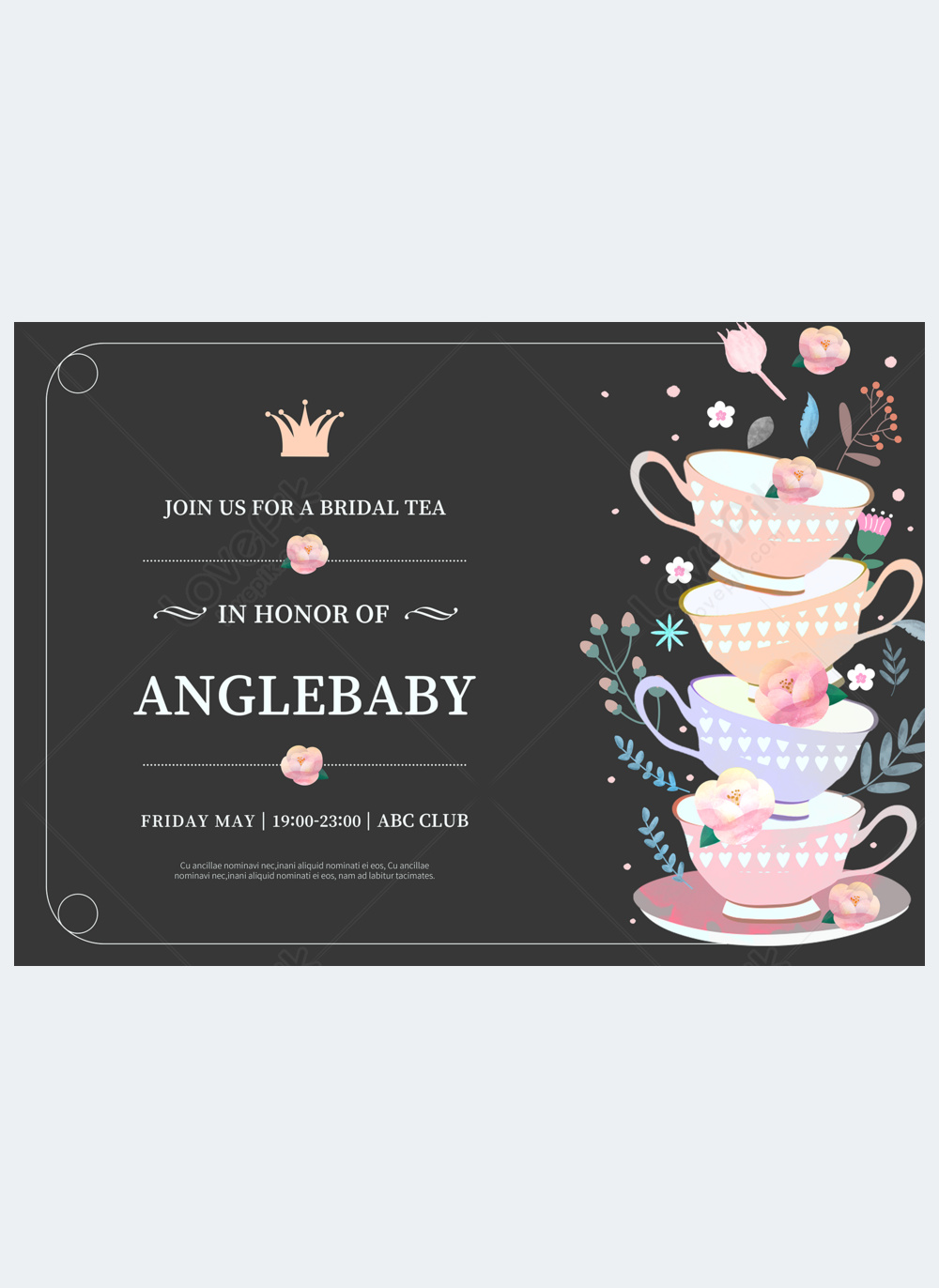 Flower tea cup bridal tea party black invitation template image_picture ...