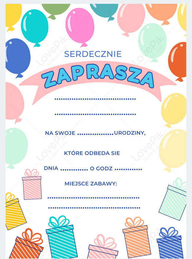 Polish birthday invitation cartoon balloon gift box template template ...