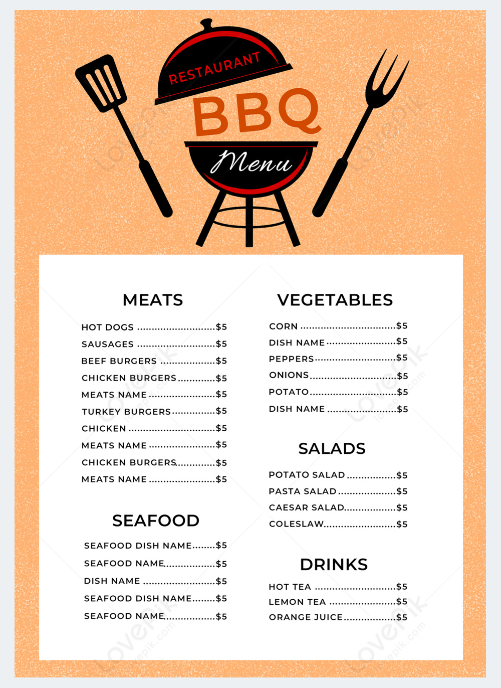 Restaurant barbecue menu barbecue grill illustration orange template ...