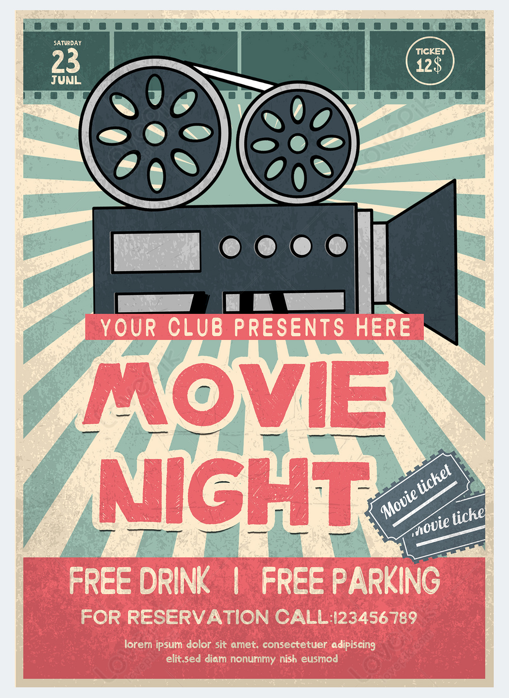 Retro movie night event poster green template template image_picture ...