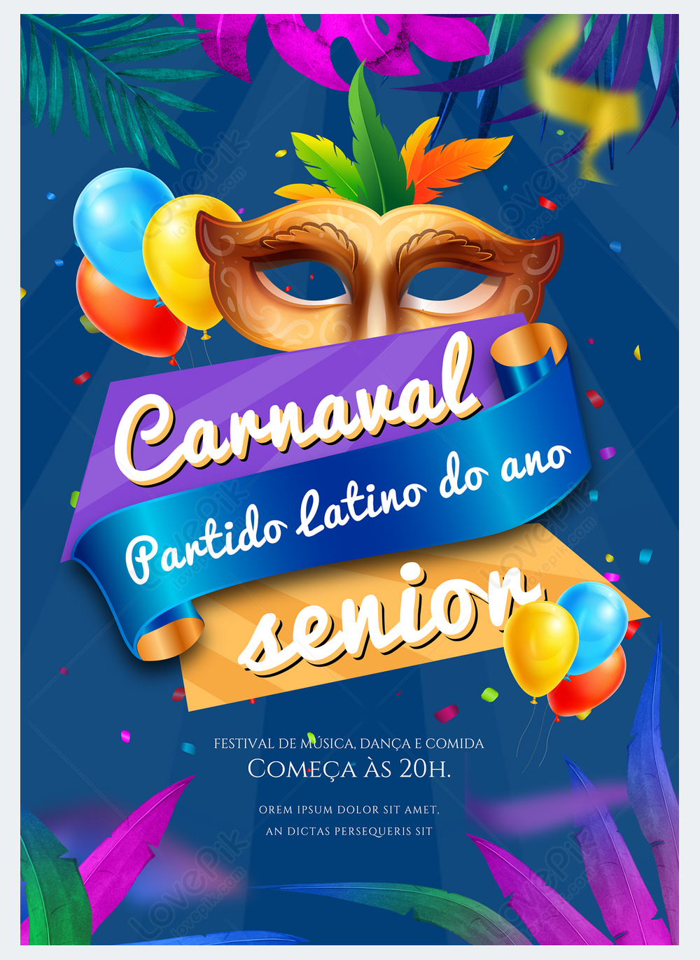 Gradient color feather mask balloons portuguese carnival party poster ...