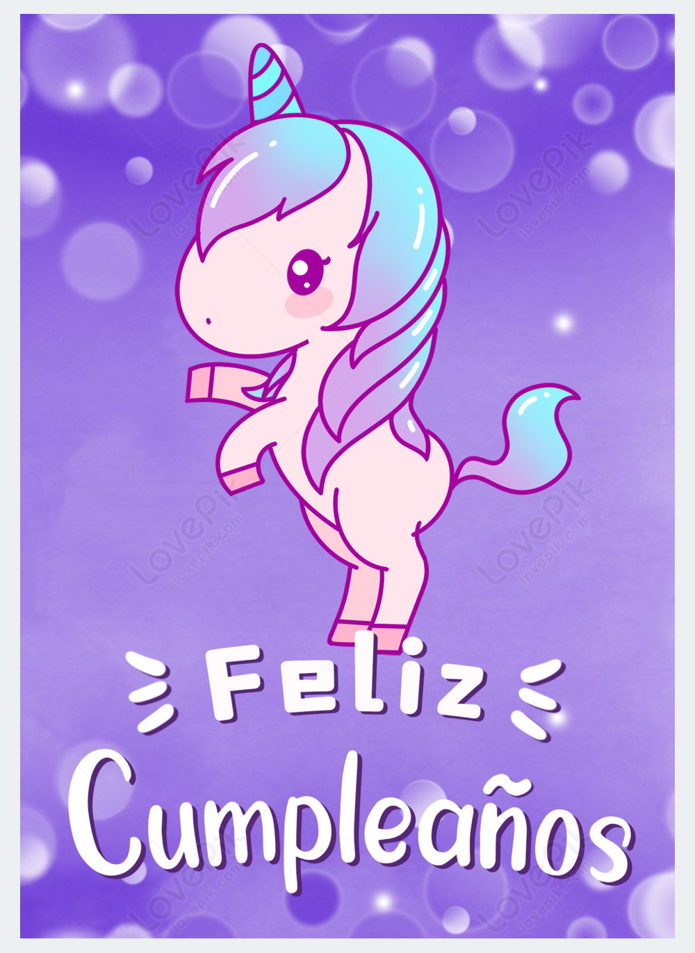 Happy birthday unicorn cartoon purple greeting card template image ...