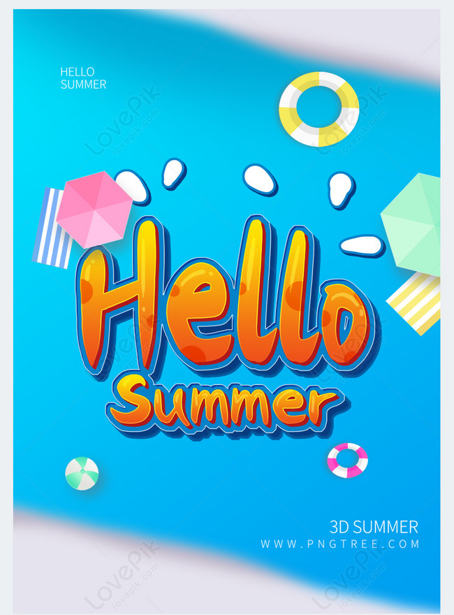 Hello summer cartoon blue word art promotional poster template image ...