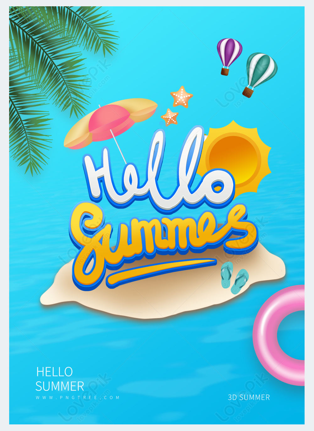 Hello summer word art cartoon beach promotion poster template image ...