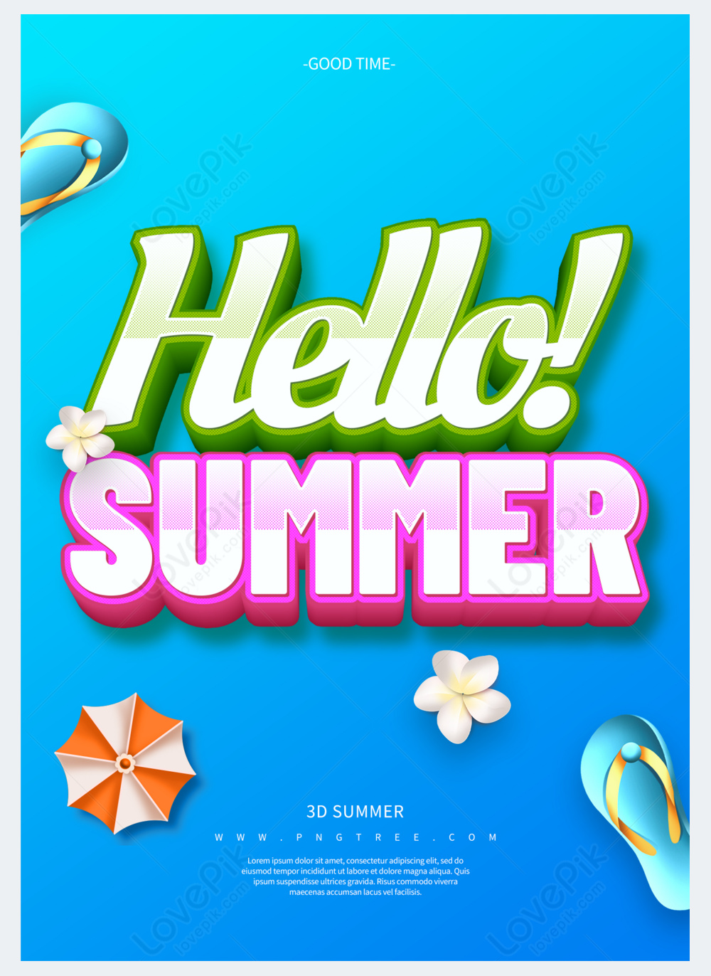 Hello summer word art cartoon blue promotional poster template image ...