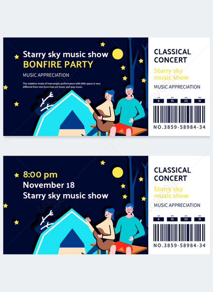 Music admission ticket illustration style template, music admission ticket, Music party tickets template