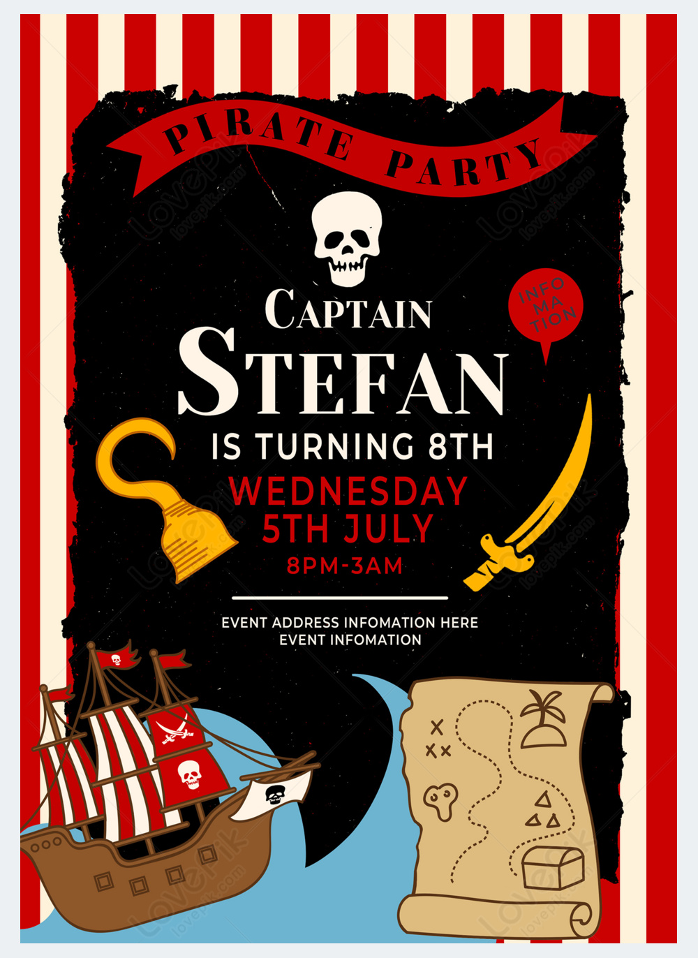 Pirate theme birthday party black red invitation template image_picture ...