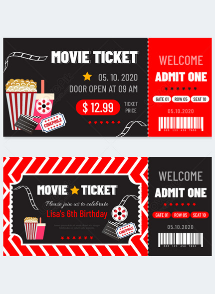 Movie retro style red black tickets, Movie, Tickets, Admission ticket template