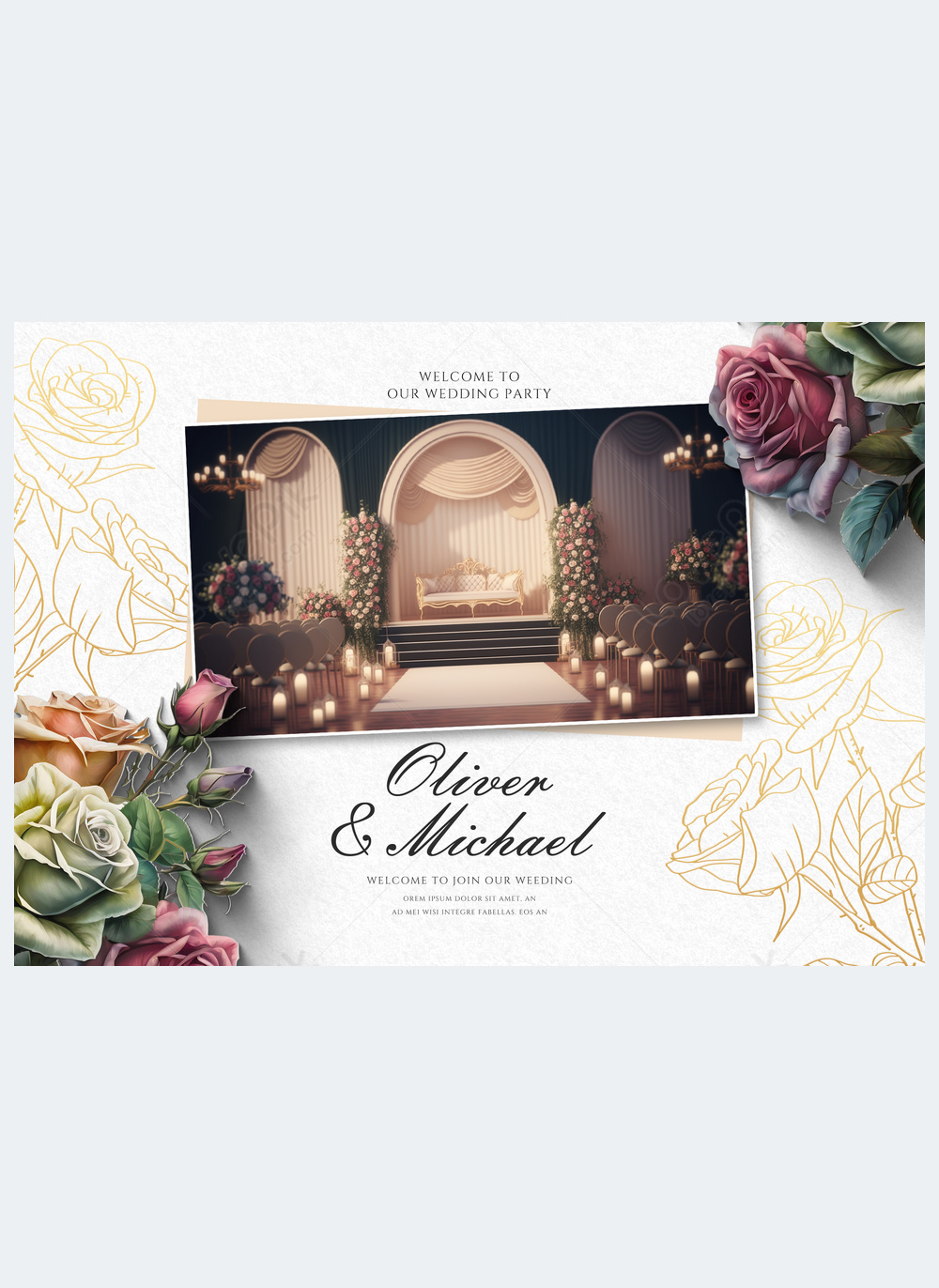 Invitación De Boda Con Foto De Iglesia Con Dibujo Lineal Dorado De Flores Y Plantas Descarga