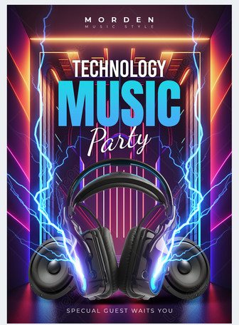 Headphones speaker lightning neon light effect electronic music party poster, music, party, dj template