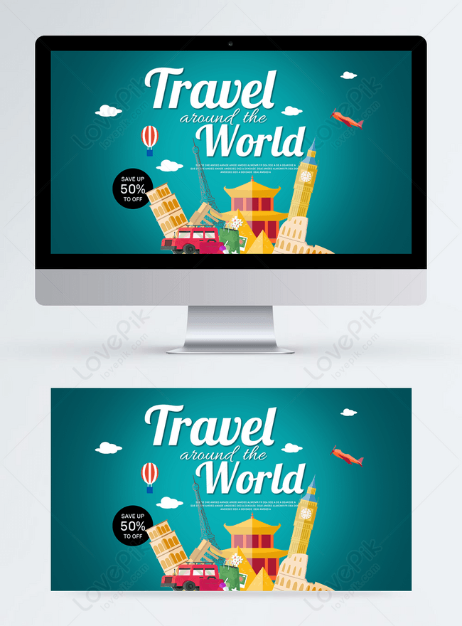 Tourism Theme Promotion Banner Template, airplanes banner design, attractions banner design, buildings banner design