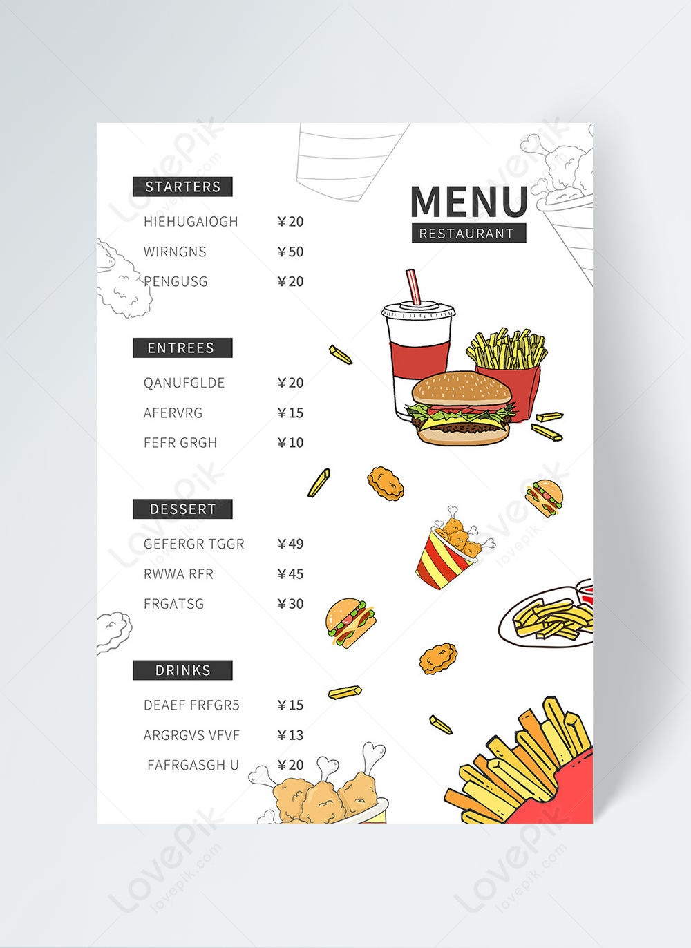Cartoon style restaurant menu burger french fries fried chicken cola food  template image_picture free download 