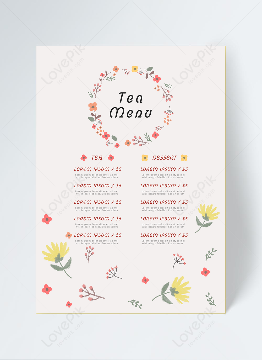 Simple flower afternoon tea tea illustration restaurant menu Within Editable Menu Templates Free