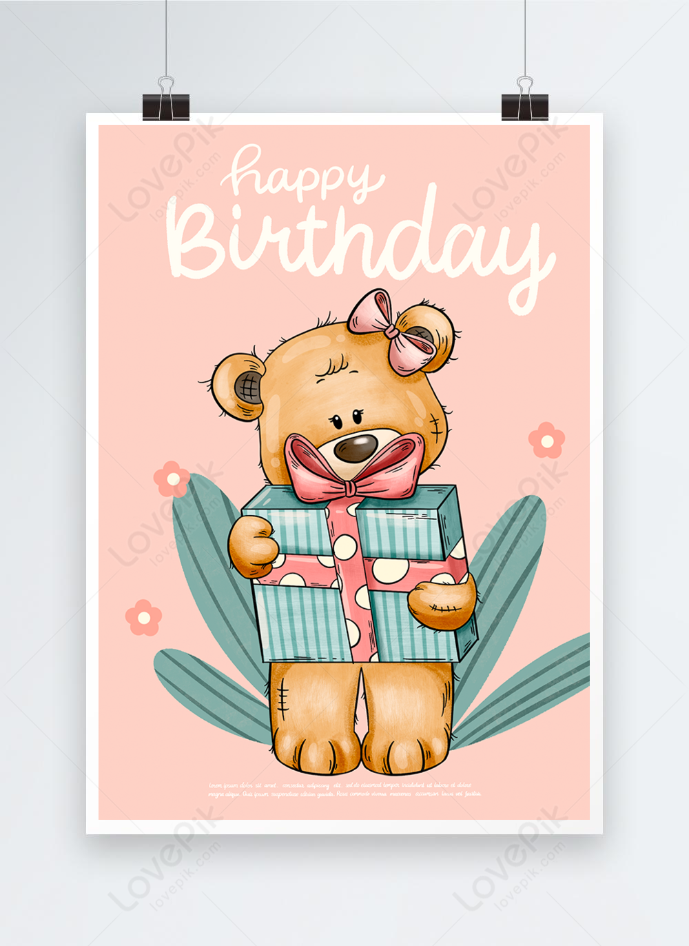 Hand drawn cute birthday teddy bear poster template image_picture free ...
