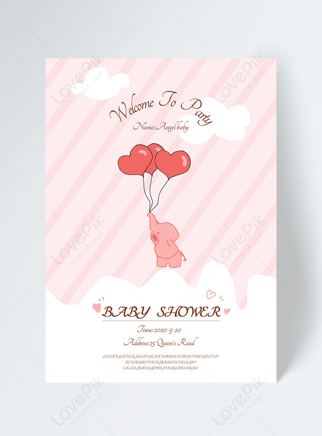 Pink Baby Party Invitation Template, baby elephant invitation, balloon invitation, clouds invitation