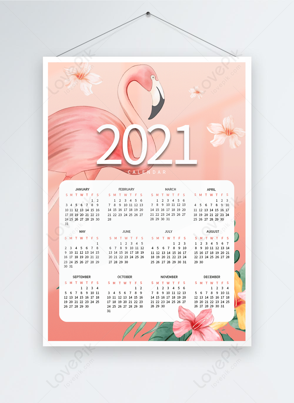 Pink 2021 flamingo calendar design template image_picture free download
