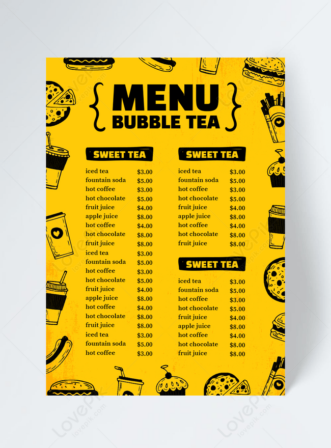 Nếu bạn đang tìm kiếm một quán trà sữa độc đáo, hãy xem hình ảnh của thực đơn quán trà sữa màu vàng này. Nó chứa đựng những món uống đầy màu sắc và một thiết kế menu đẹp mắt. Bạn sẽ cảm thấy thích thú và muốn ghé thăm ngay lập tức.