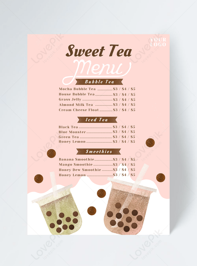 Pink Pearl Milk Tea Shop Menu Design Template, catering menu, flyers menu, promotion menu