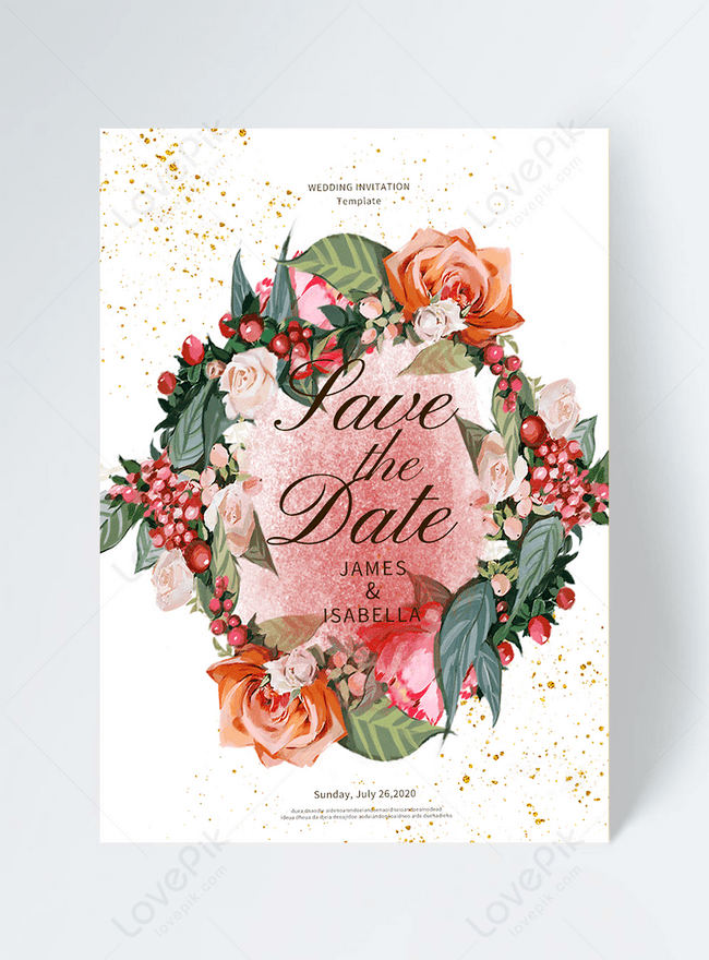 Pink Watercolor Gold Pink Wedding Invitation Template, fine glitter invitation, flowers invitation, golden invitation