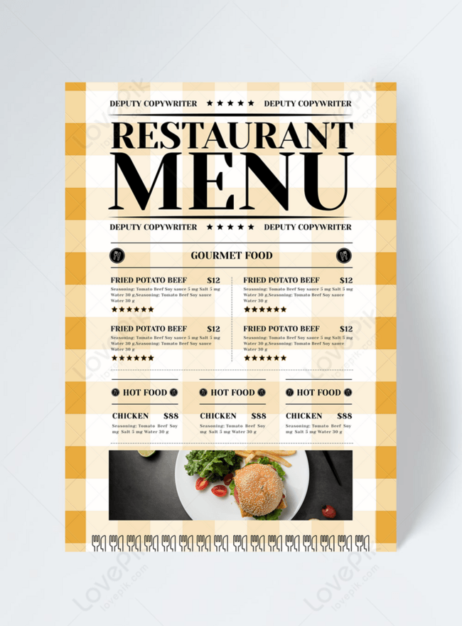 Simple and stylish yellow plaid background knife fork restaurant menu flyer  template image_picture free download 